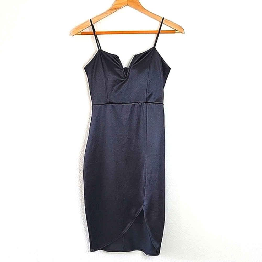 CHOCOLATE Black Polyester Dressy Mini Dress sz M Spaghetti Strap V-neck Zipper